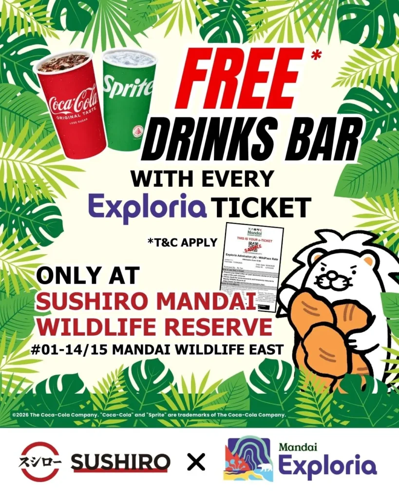 A Promotional Image shows FREE Drinks Bar at sushiro mandai