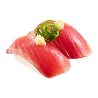 Two pieces of fresh tuna sashimi topped with green onion and a dab of wasabi are set on white rice, against a white background.