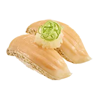 Two pieces of Sushiro-Broiled-Fatty-Salmon-Radish sushi topped with pale fish, garnished with a dollop of wasabi and sliced green onions on a white background.