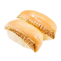 Two pieces of Broiled Fatty Salmon sushi with lightly seared fish on top of white rice are set against a plain white background, highlighting the glossiness and texture.