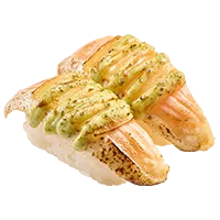 Two pieces of seared sushi adorned with creamy green sauce on rice, set against a white background, conveying a fresh look.