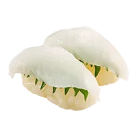 Two pieces of Flounder Fin sushi nigiri with translucent white fish, garnished with small green leaves, arranged on top of rice.