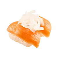A piece of Sushiro-Salmon salmon nigiri sushi topped with thinly sliced onions, set against a solid black background, conveying freshness and simplicity.