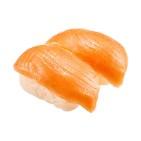Two pieces of fresh salmon nigiri sushi on white rice are set against a white background, highlighting their vibrant orange color and glossy texture.