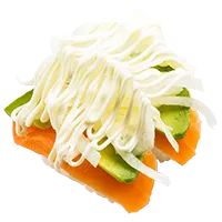 A Salmon Avocado & Onion sushi piece with creamy white topping, slices of vibrant orange salmon, and avocado. Looks fresh and appetizing.