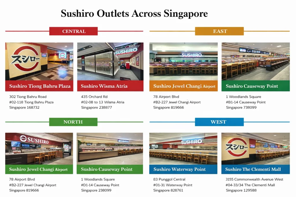 An image shows Sushiro Singapore Outlets by regions with outlets images address and phone in some of sushiro outlets list